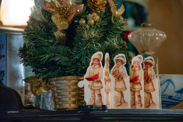 Vintage Christmas card and holiday decorations