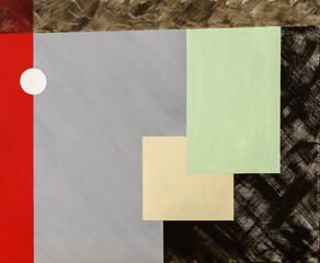 A minimalist abstract painting with rectangular blocks of color floating on a textured background. - 389652077