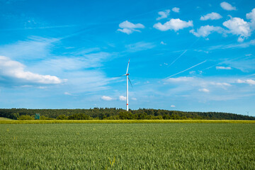 Grüne Wiese vor Windkraftanlage mit blauem Himmel