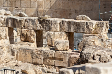 Ruins of  Second Temple time shops at the site of the Western Wall Excavations near the Temple Mounts Wall in the old city of Jerusalem in Israel