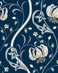 White big lily seamless pattern on dark blue background. Vector illustration. - obrazy, fototapety, plakaty