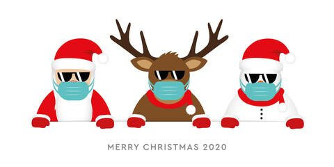 Fototapeta na wymiar corona virus christmas 2020 design with cute deer santa claus and snowman cartoon vector illustration EPS10