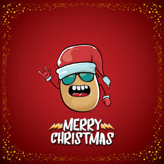 vector funky comic cartoon cute brown smiling santa claus potato with red santa hat and cartoon merry christmas text isolated on classic red background. vegetable funky christmas kids character