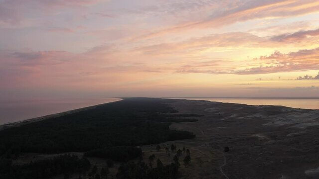 Drone aerial view of Dead Dunes in Neringa, Lithuania. UNESCO World Heritage Site