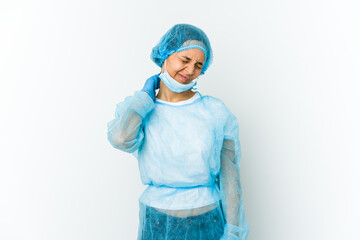 Young surgeon latin woman isolated on white background suffering neck pain due to sedentary lifestyle.