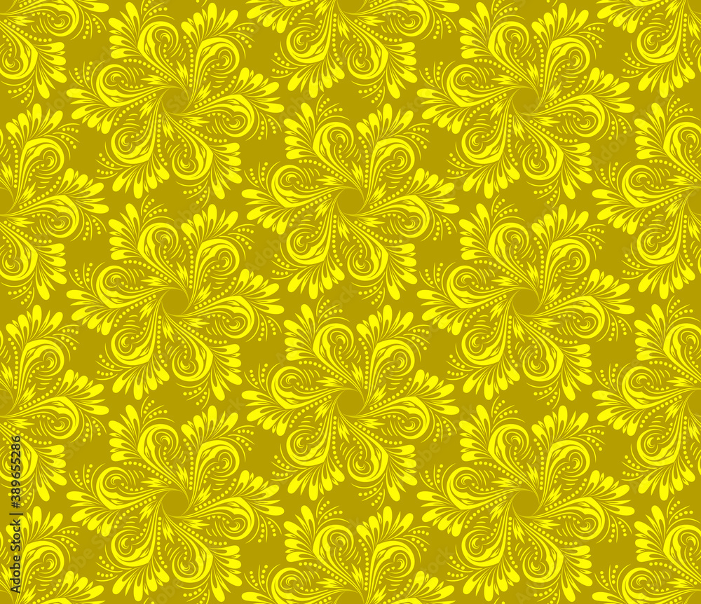 Poster vintage seamless pattern repeating background. golden yellow floral ornaments in hexagonal array.