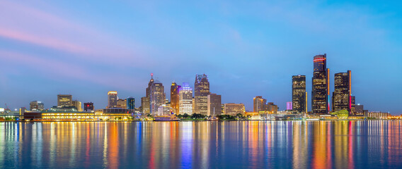 Cityscape of Detroit skyline in Michigan, USA at sunset
