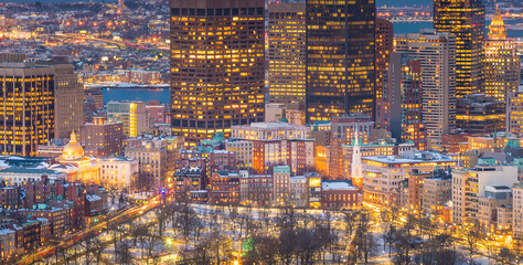 Aerial view of Boston skyline and Boston Common park in Massachusetts, USA  in winter