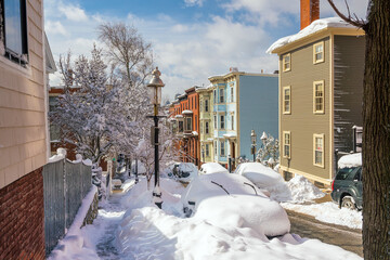 Houses in historic Bunker Hill area after snow storm in Boston, Massachusetts