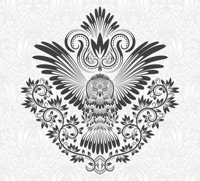 Owl with outstretched wings on floral background. Patterned owl in tribal totem tattoo style. Decorative silhouette of owl with elements of ethnic ornaments.