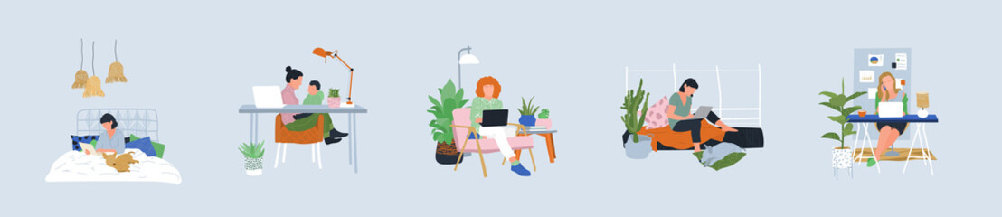 Woman home office vector bundle. Female work online with baby because pandemic. Freelance in bed with dog. Remote management from cozy windowsill. Meeting with co-workers in comfortable chair concept.