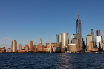Fototapeta na wymiar Lower Manhattan and Tribeca Skyline along the Hudson River in New York City during a Sunset