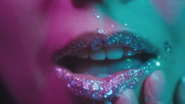 Millennial girl in trendy neon light. Wiping her lips with her hand in a nightclub. Shiny glitter makeup on lips, smiling. Fashionable colored pink-green light, euphoria.