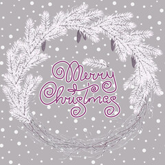 Vector illustration with christmas wreath with pine and pinecones. Merry Christmas text. White dots on grey background