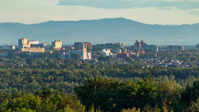 Panorama of the city of Tychy in Silesia. View of the mountains over the city buildings.