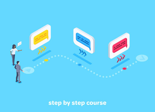 isometric vector image on a blue background, step-by-step path for a man in a business suit, online courses and a curator