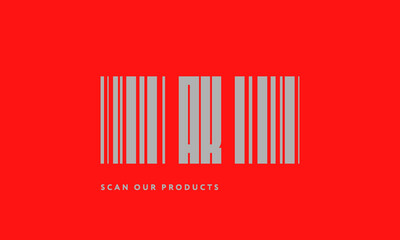 Premade barcode logo initials monogram  silver modern bar code on red background