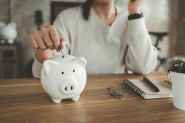 smart Asian female hand putting money coin into piggy for saving money wealth and financial concept.