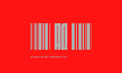 Premade barcode logo initials monogram  silver modern bar code on red background