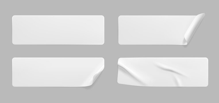 White glued crumpled stickers with curled corners mock up set. Blank white adhesive paper or plastic sticker label with wrinkled and creased effect. Template label tags close up. 3d realistic vector