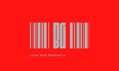 Premade barcode logo initials monogram  silver modern bar code on red background