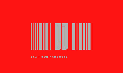 Premade barcode logo initials monogram  silver modern bar code on red background