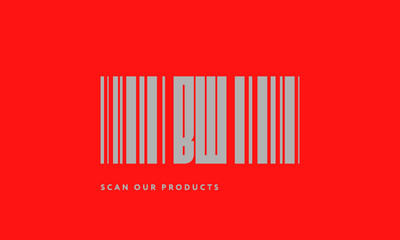 Premade barcode logo initials monogram  silver modern bar code on red background