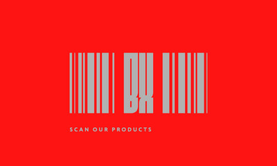 Premade barcode logo initials monogram  silver modern bar code on red background