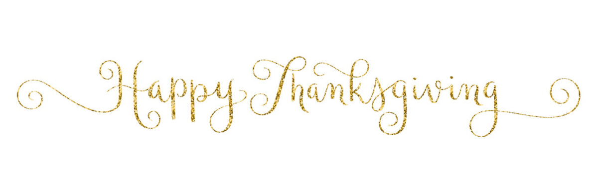 HAPPY THANKSGIVING gold glitter vector brush calligraphy banner with spiral swashes