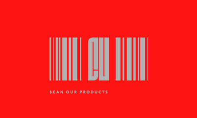 Premade barcode logo initials monogram  silver modern bar code on red background