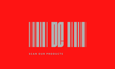 Premade barcode logo initials monogram  silver modern bar code on red background