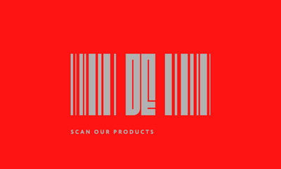Premade barcode logo initials monogram  silver modern bar code on red background