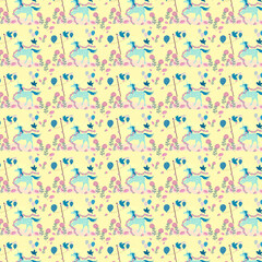 Happy party with unicorn, birds and flowers on a yellow background, digital fairytale illustration as a seamless pattern
