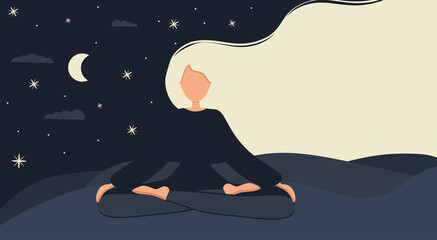 Girl in yoga lotus practices meditation at night outdoor. Nature background with moon. Landing page, card or banner template. Vector illustration in flat style. Young woman meditating