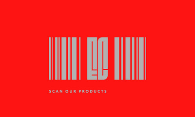 Premade barcode logo initials monogram  silver modern bar code on red background