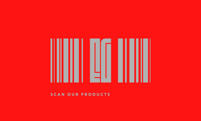 Premade barcode logo initials monogram  silver modern bar code on red background