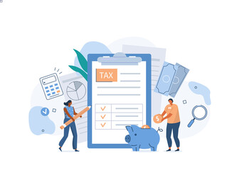 People filling Documents for Tax Calculation and making Tax Return. Characters Preparing Finance Report with Graph Charts. Accounting and Financial Management Concept. Flat Cartoon Illustration.