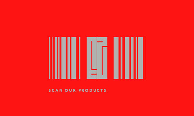 Premade barcode logo initials monogram  silver modern bar code on red background