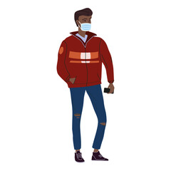 Young man student in modern autumn trendy clothes. In medical mask, individual protection from viruses, smog, vapor. Fashion casual outerwear street style character. Flat cartoon style vector isolated