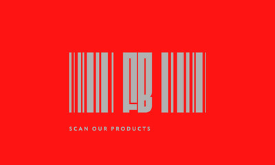 Premade barcode logo initials monogram  silver modern bar code on red background