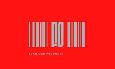 Premade barcode logo initials monogram  silver modern bar code on red background