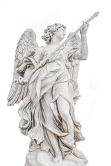 Statue of a beautiful holy angel with wings holding a war spear at the Saint Angel bridge (Ponte Sant Angelo), isolated at white background, Rome, Italy.