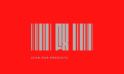 Premade barcode logo initials monogram  silver modern bar code on red background