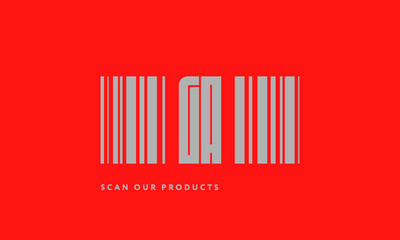 Premade barcode logo initials monogram  silver modern bar code on red background