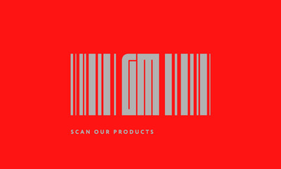 Premade barcode logo initials monogram  silver modern bar code on red background