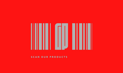 Premade barcode logo initials monogram  silver modern bar code on red background