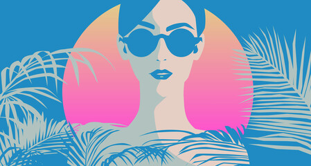 Obraz na płótnie Canvas Beautiful brunette woman wearing sunglasses in tropical forest. Stylish original graphic portrait. Fashion illustration in minimal art style.