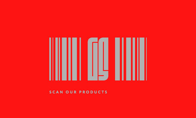 Premade barcode logo initials monogram  silver modern bar code on red background