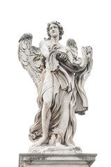 Fototapeta na wymiar Statue of a beautiful holy angel with wings holding tissue at the Saint Angel bridge (Ponte Sant Angelo), isolated at white background, Rome, Italy.