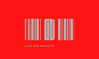 Premade barcode logo initials monogram  silver modern bar code on red background
